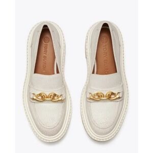 Tory Burch Jessa White Crackle Leather Platform Loafers Gold Horsehead Chain 6
